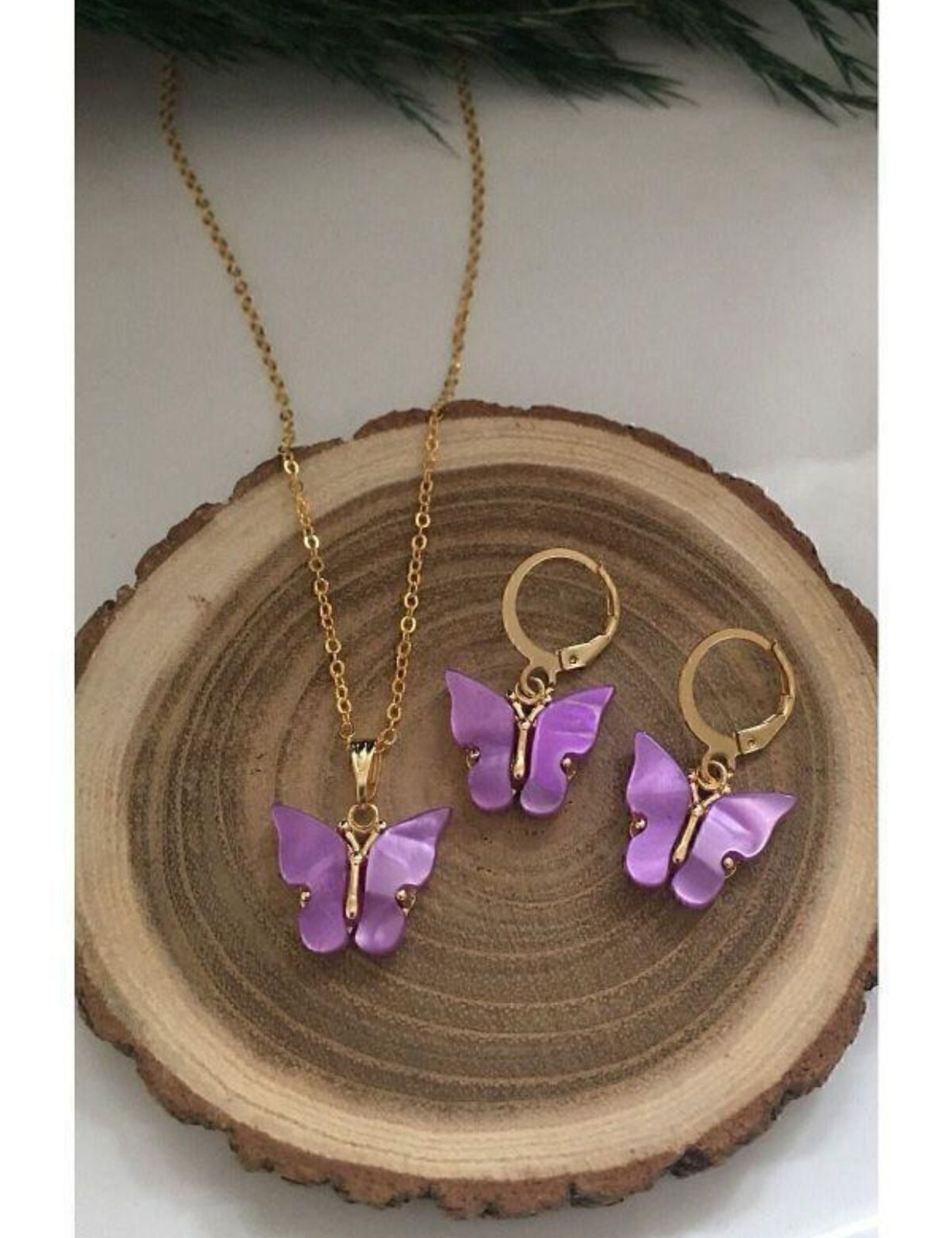 Purple Butterfly Jewelry Set for Girls - Gold Plated, Lightweight, 3 Pcs