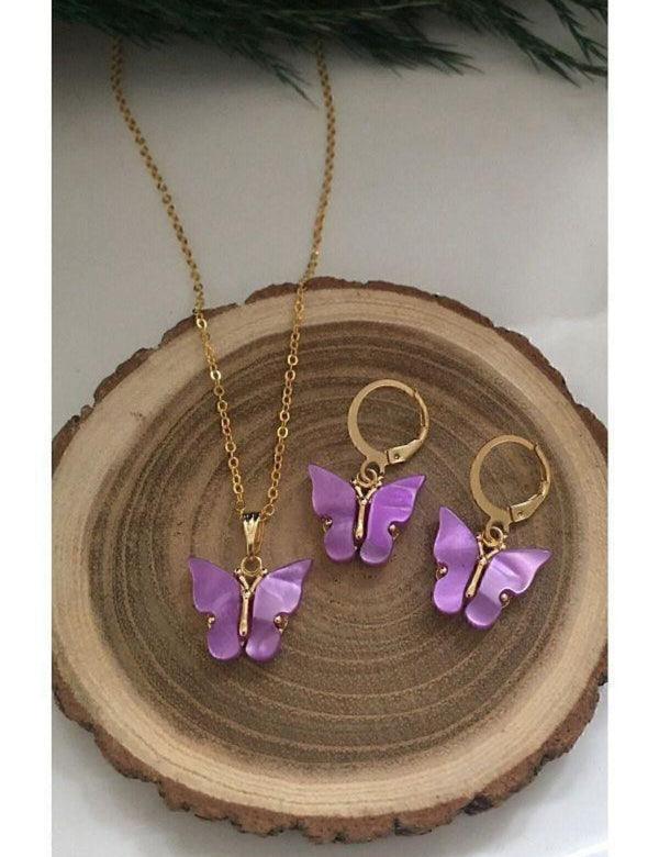 Purple Butterfly Jewelry Set for Girls - Gold Plated, Lightweight, 3 Pcs
