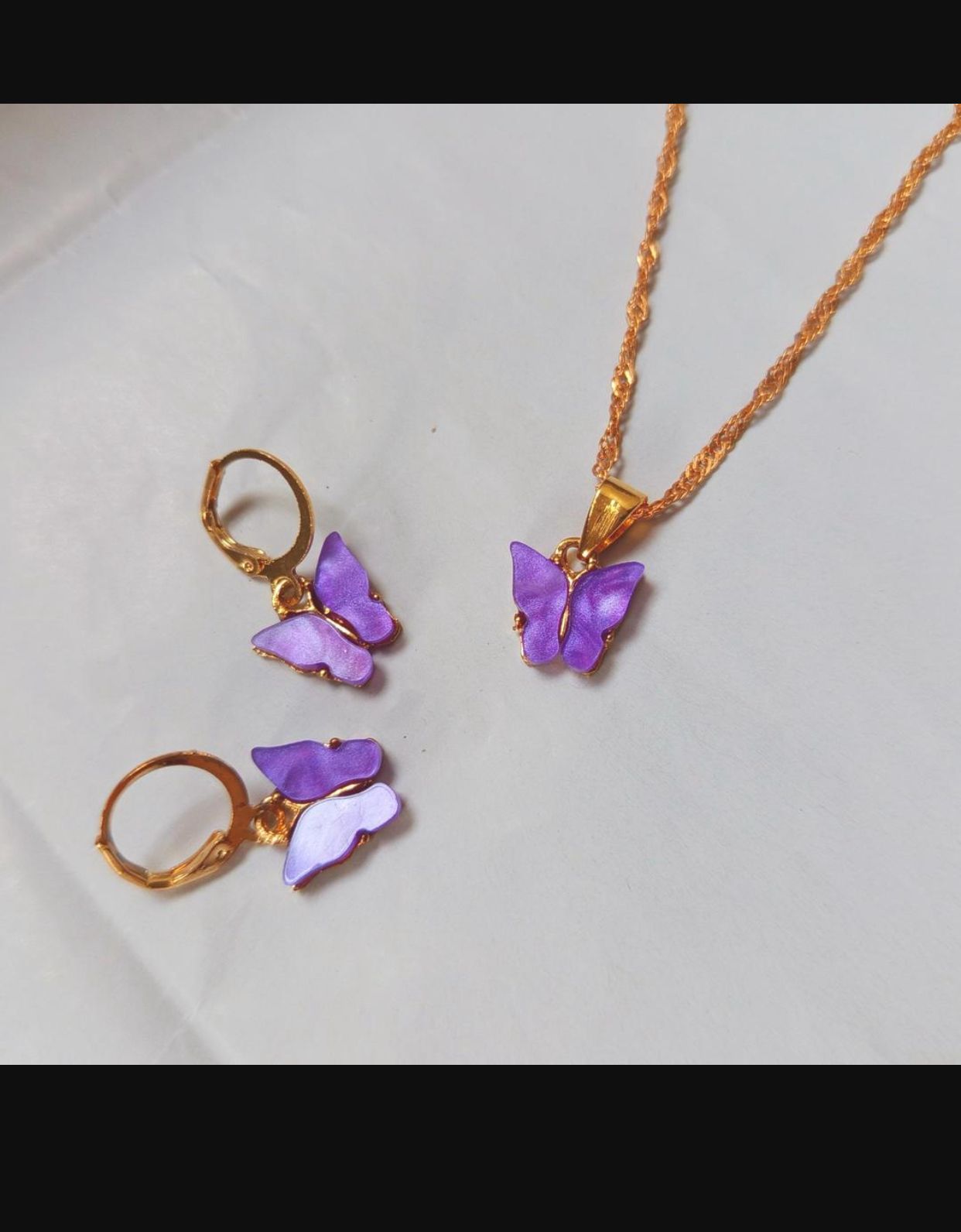 Purple Butterfly Jewelry Set for Girls - Gold Plated, Lightweight, 3 Pcs