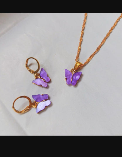 Purple Butterfly Jewelry Set for Girls - Gold Plated, Lightweight, 3 Pcs